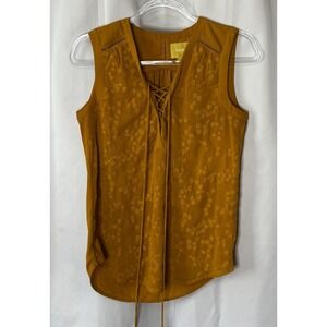 Maeve Top Womens 0 Mustard Yellow Floral Embroidered Sleeveless Blouse Cottage